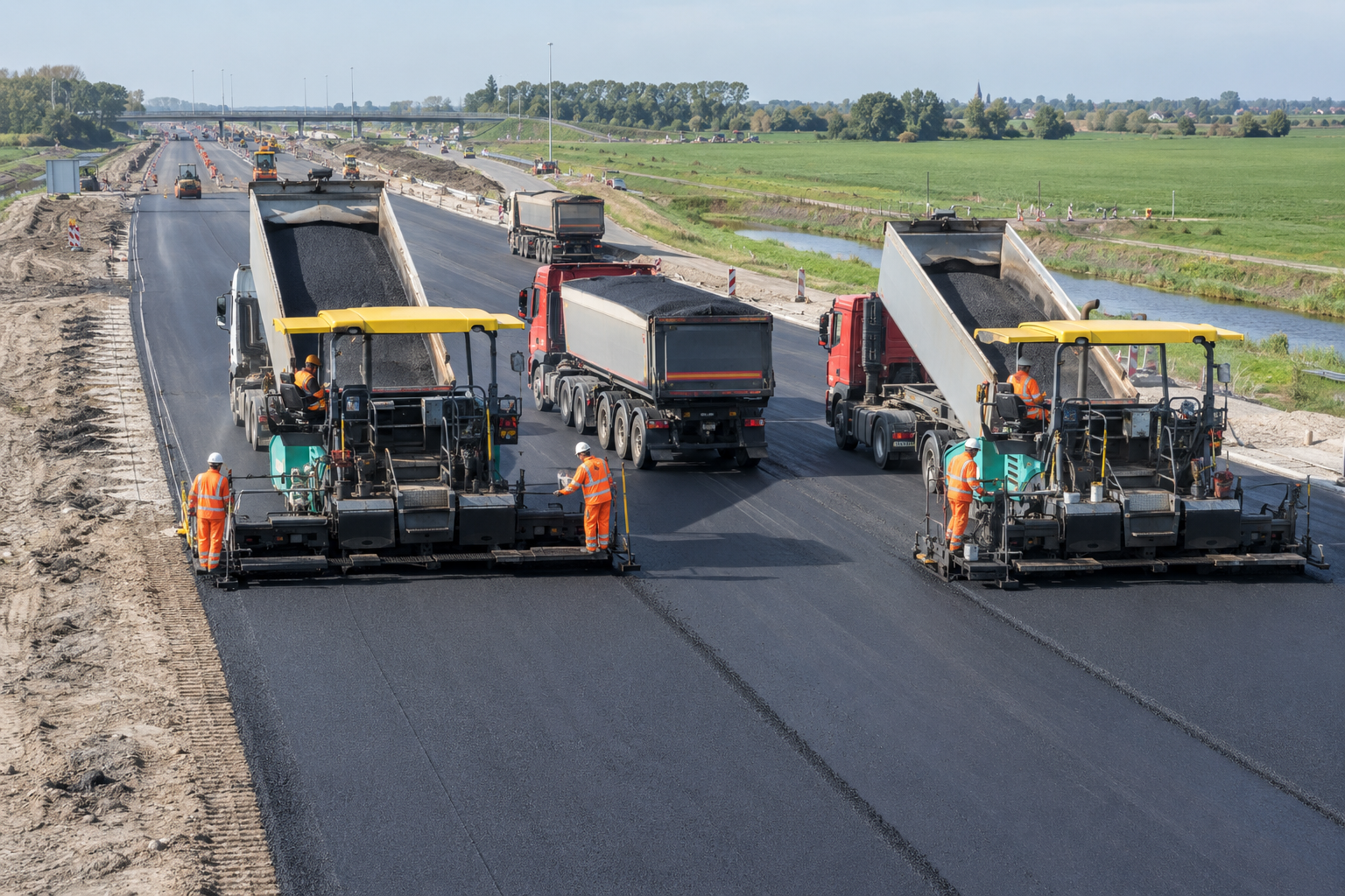 Aanleg van een snelweg met twee asfaltmachines en meerdere vrachtauto's