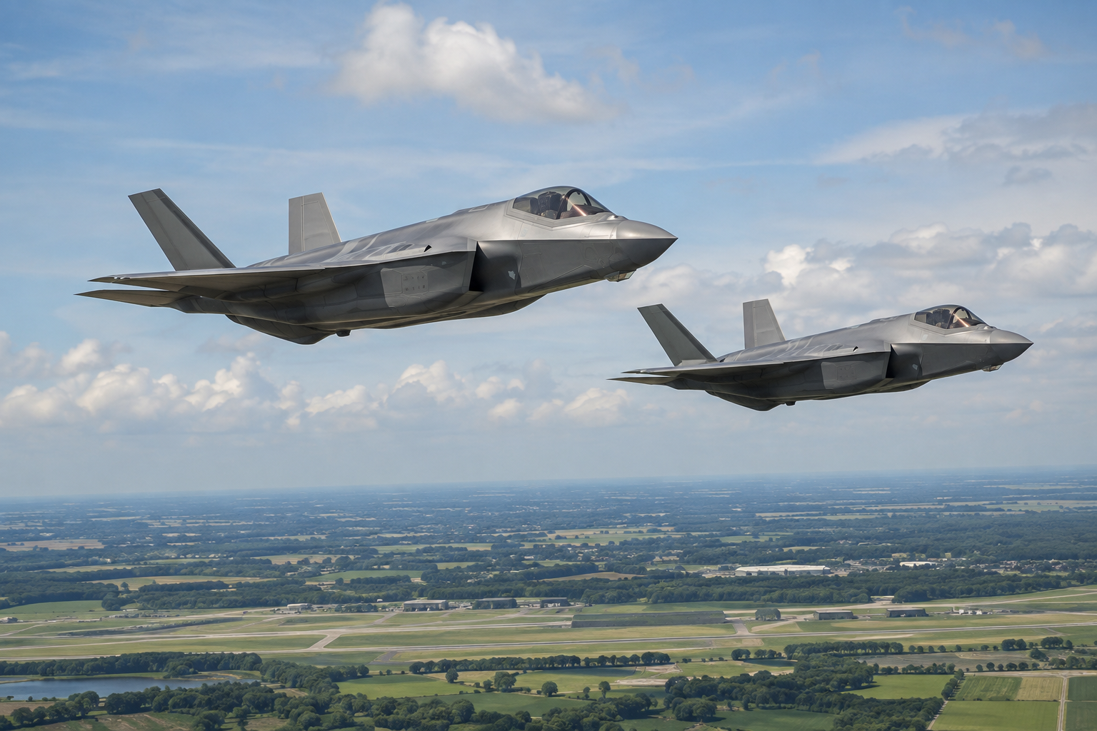 Twee F-35-straaljagers in de lucht boven een vliegbasis